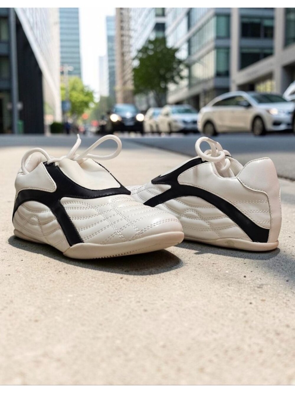 Quilted White Sneakers With Black Contrast Detailing Womens Casual Athletic Shoe